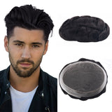 Vlasy Australia Men Toupee Swiss Lace with PU Natural Remy Human Hair Capillary Prosthesis Men's Wigs Unit Replacement System (Natural Black 1B#)