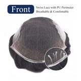 Vlasy Q6 Men Toupee Swiss Lace & PU Base Durable Male Hair Prosthesis Natural Human Hair Replacement System Unit (Natural Black 1B#)