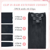Vlasy 7pcs/set Clip in Extensions 100% Remy Human Hair Jet Black (#1)