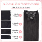Vlasy 7pcs/set Clip in Extensions 100% Remy Human Hair Off Black (#1B)