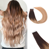 Vlasy Seamless Invisible Mini Tape In Hair Extension Human Hair 16Pcs Chocolate Brown To Blonde(T2/27+T2/60#)